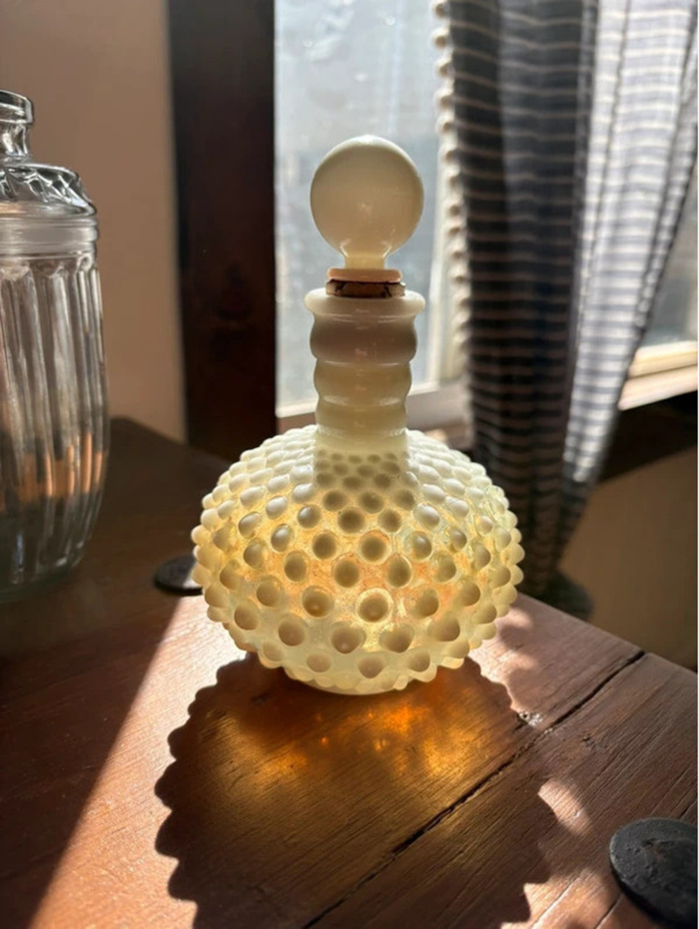 Vintage Fenton Wrisley French Opalescent Hobnail Glass Bottle with Stopper
